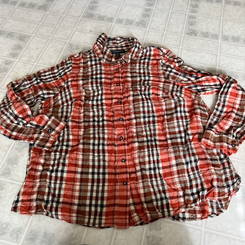 Lane Bryant Plaid Flannel Shirt Size 18 20 Button Up Brown Orange Cozy Fall